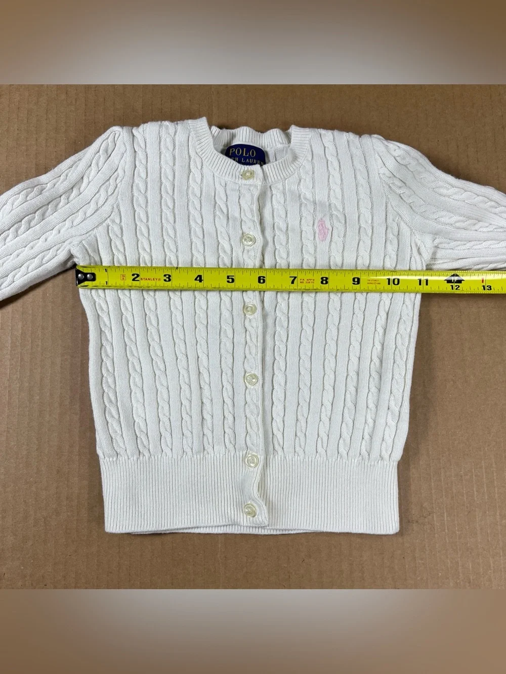 Polo Ralph Lauren Girls 4T White Cable Knit Cardigan Sweater Pink Pony Logo